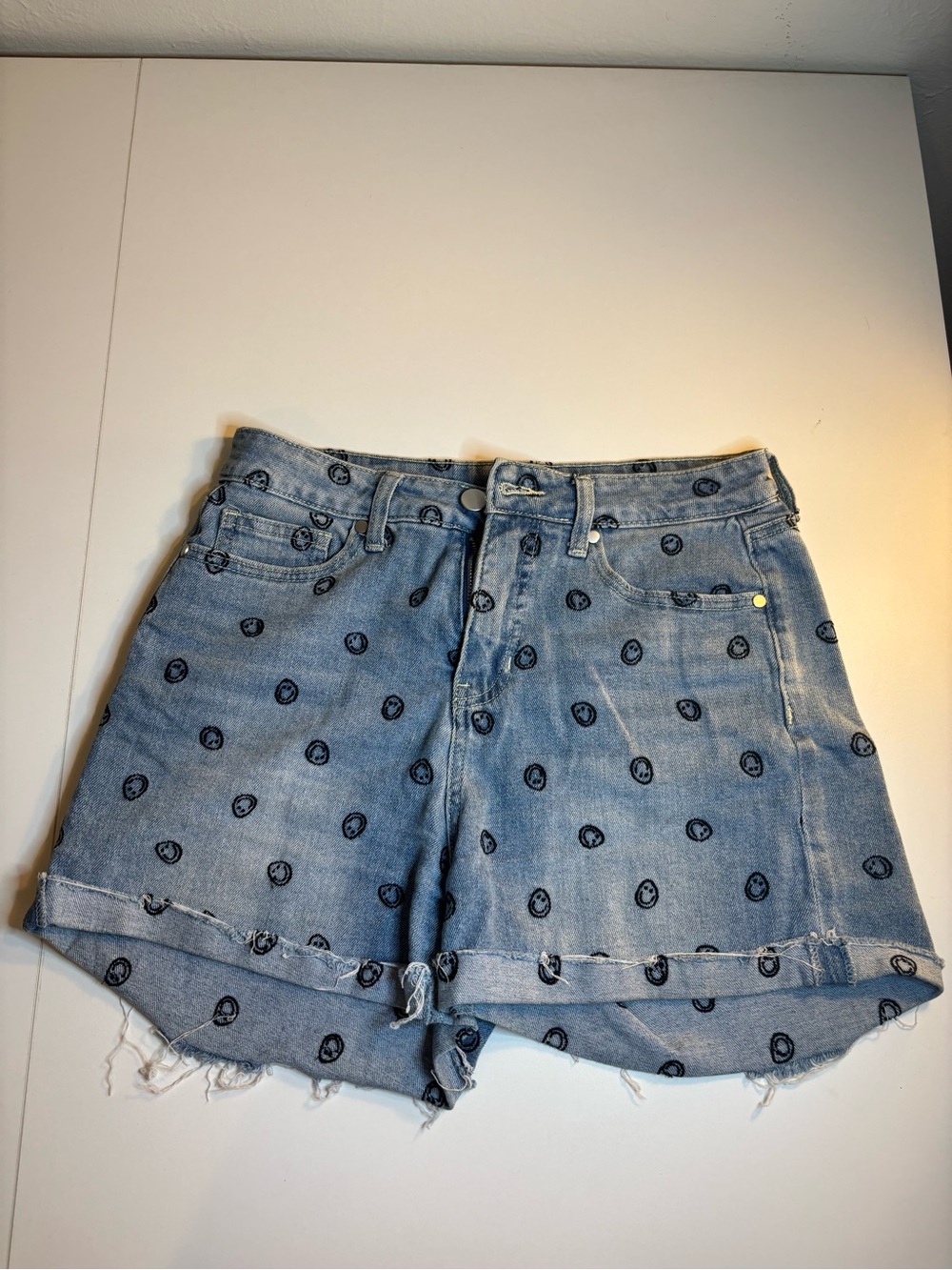 bp Light Blue Denim Shorts with Black Smiley Print